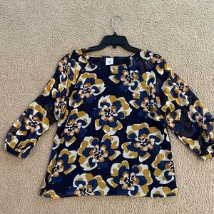CAbi navy and mustard flowery blouse